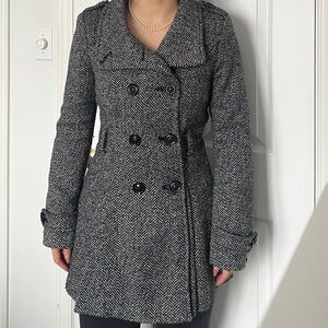 Guess Black and White Herringbone Trench Coat